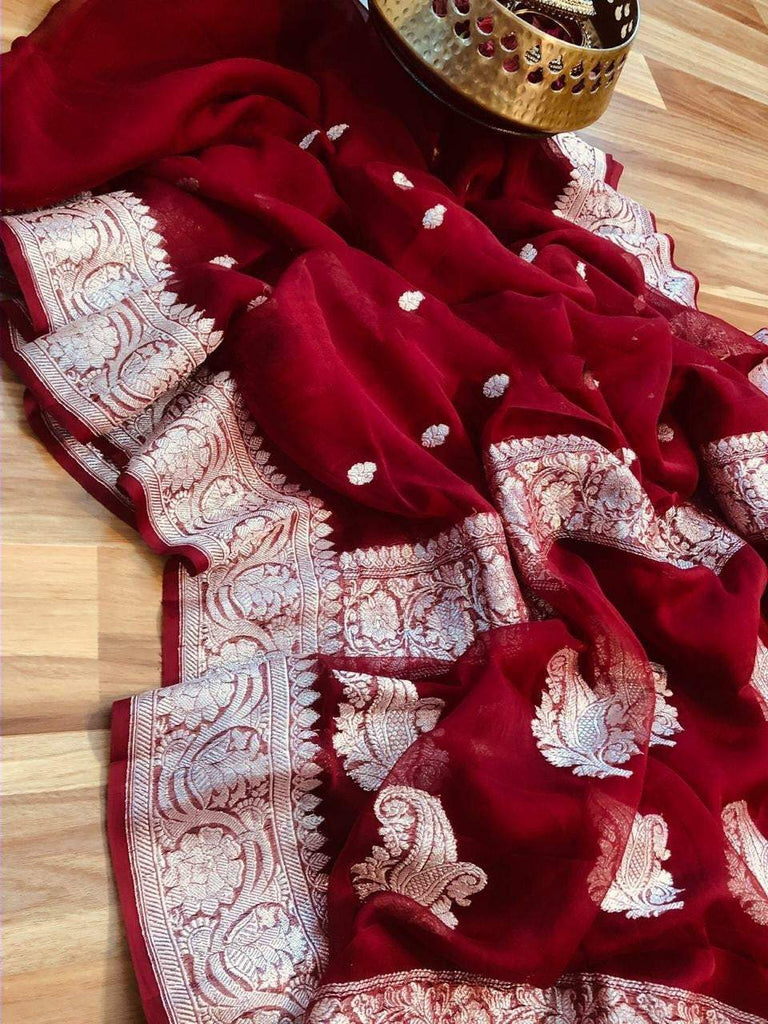 KHADDI HANDLOOM PURE CHIFFON RUPA BUTI KADHUA BANARASI SAREE- ROYAL MAROON RED