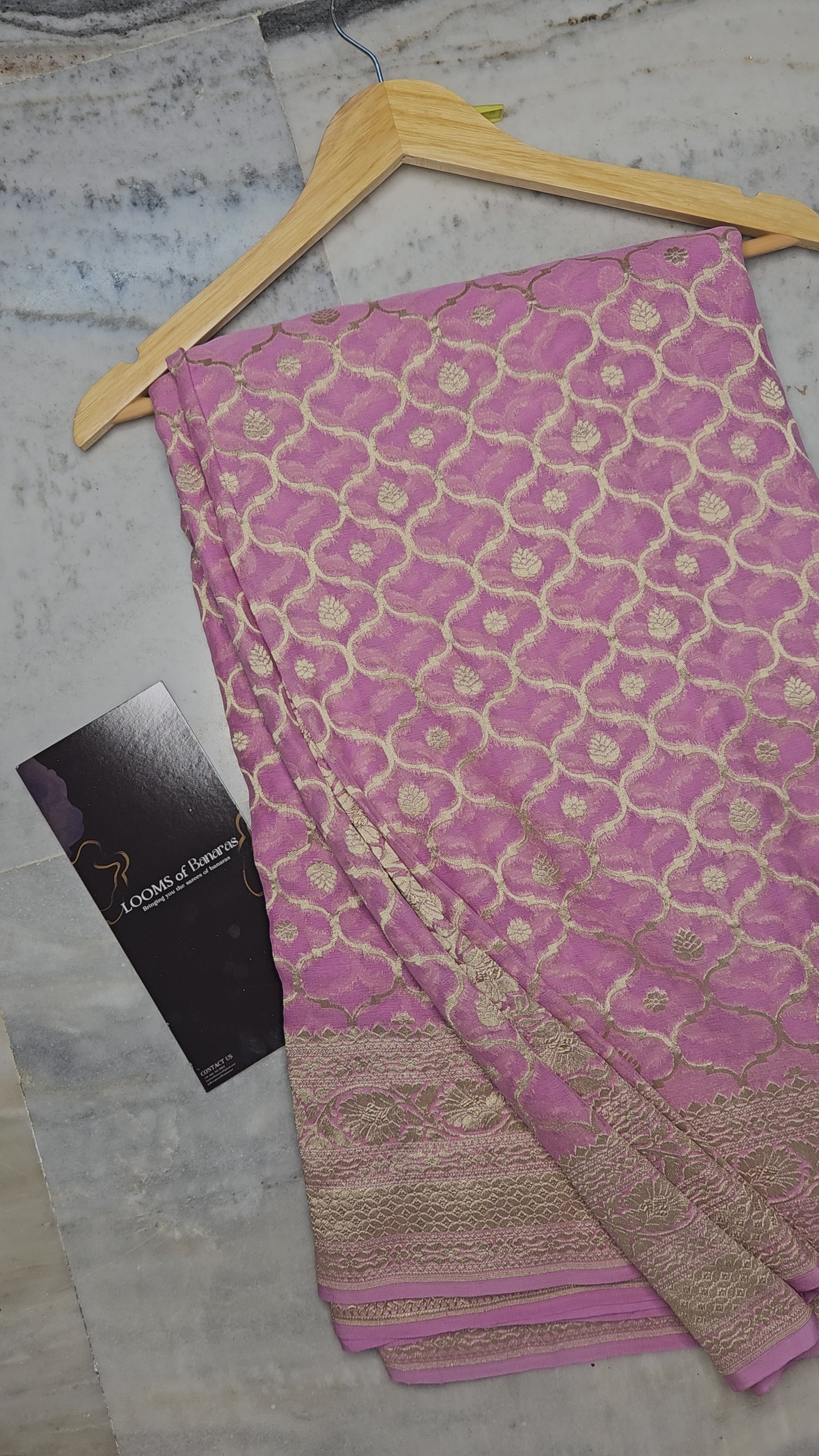 Pure Georgette Banarasi Saree weaving faux jaal watergold zari in Dusty Pink