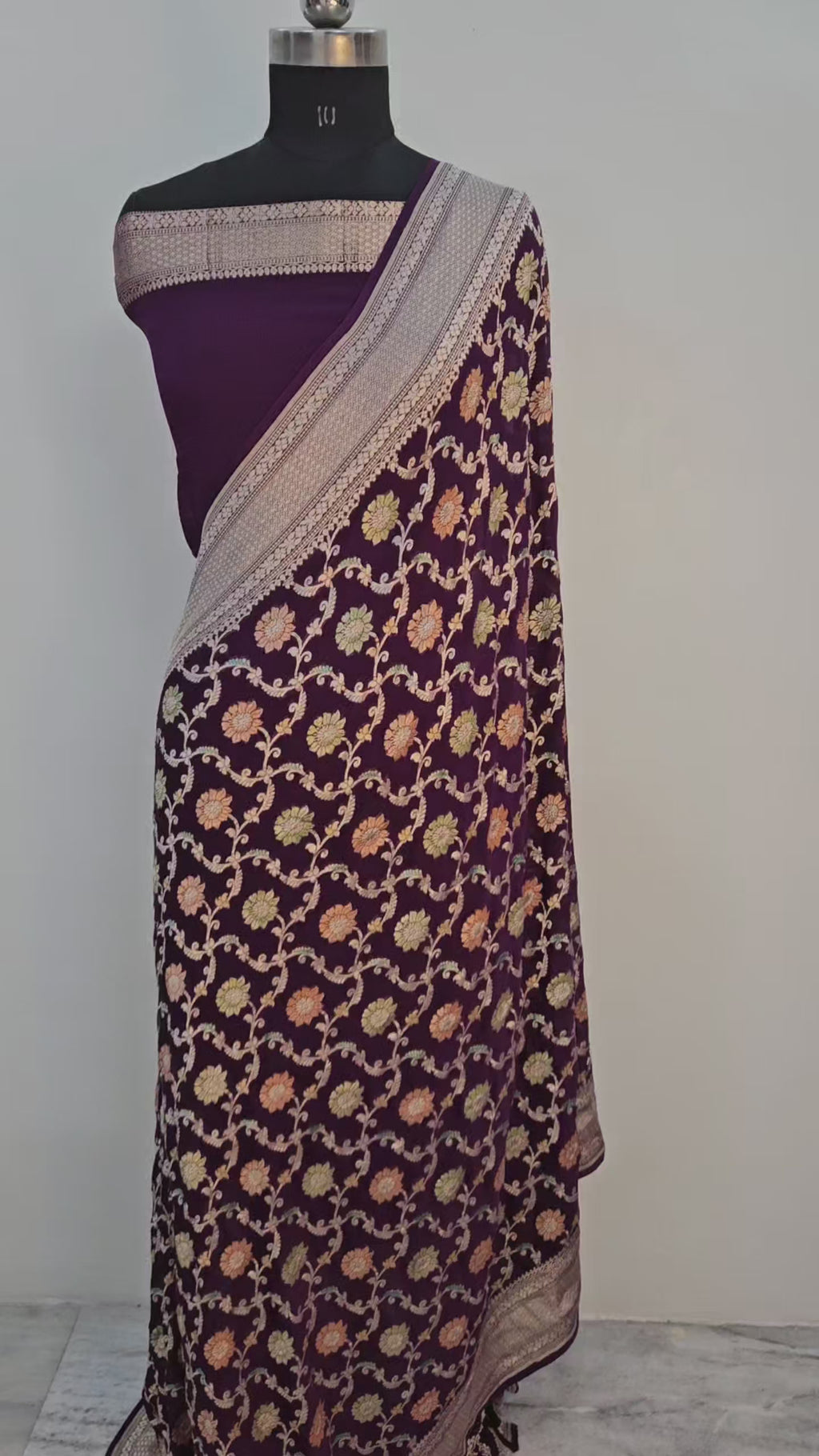 pure georgette silk banarasi handbrush work woven tested zari saree in Deep purple
