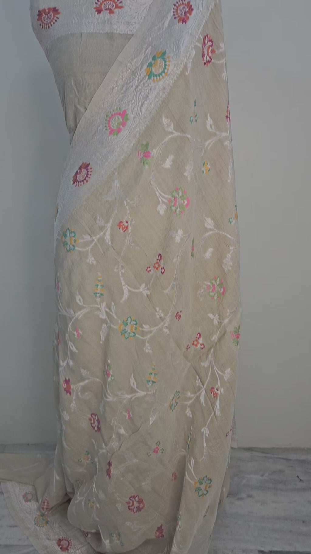 pure tussar silk banarasi meena woven saree in Natural cream 