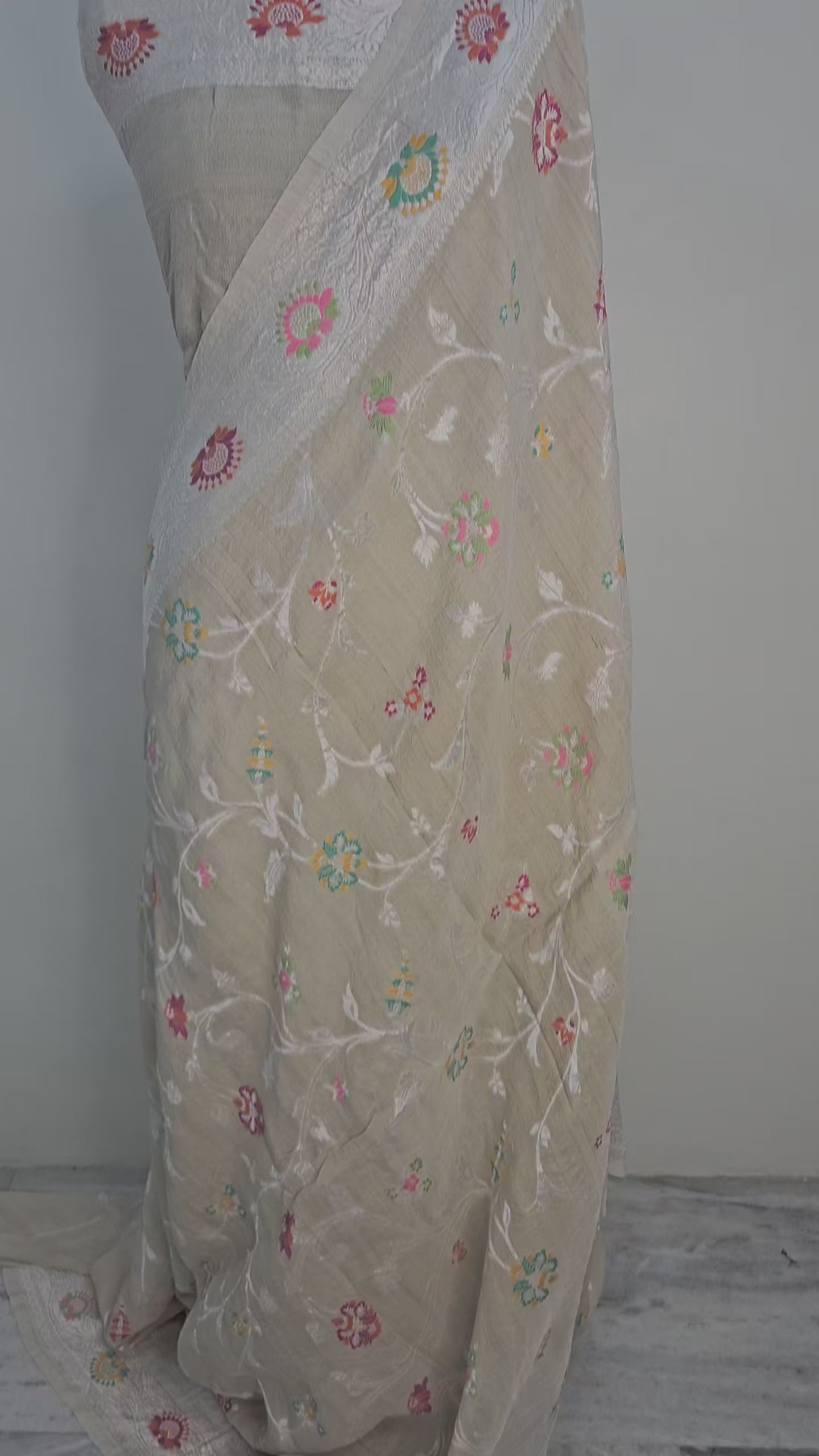 pure tussar silk banarasi meena woven saree in Natural cream 