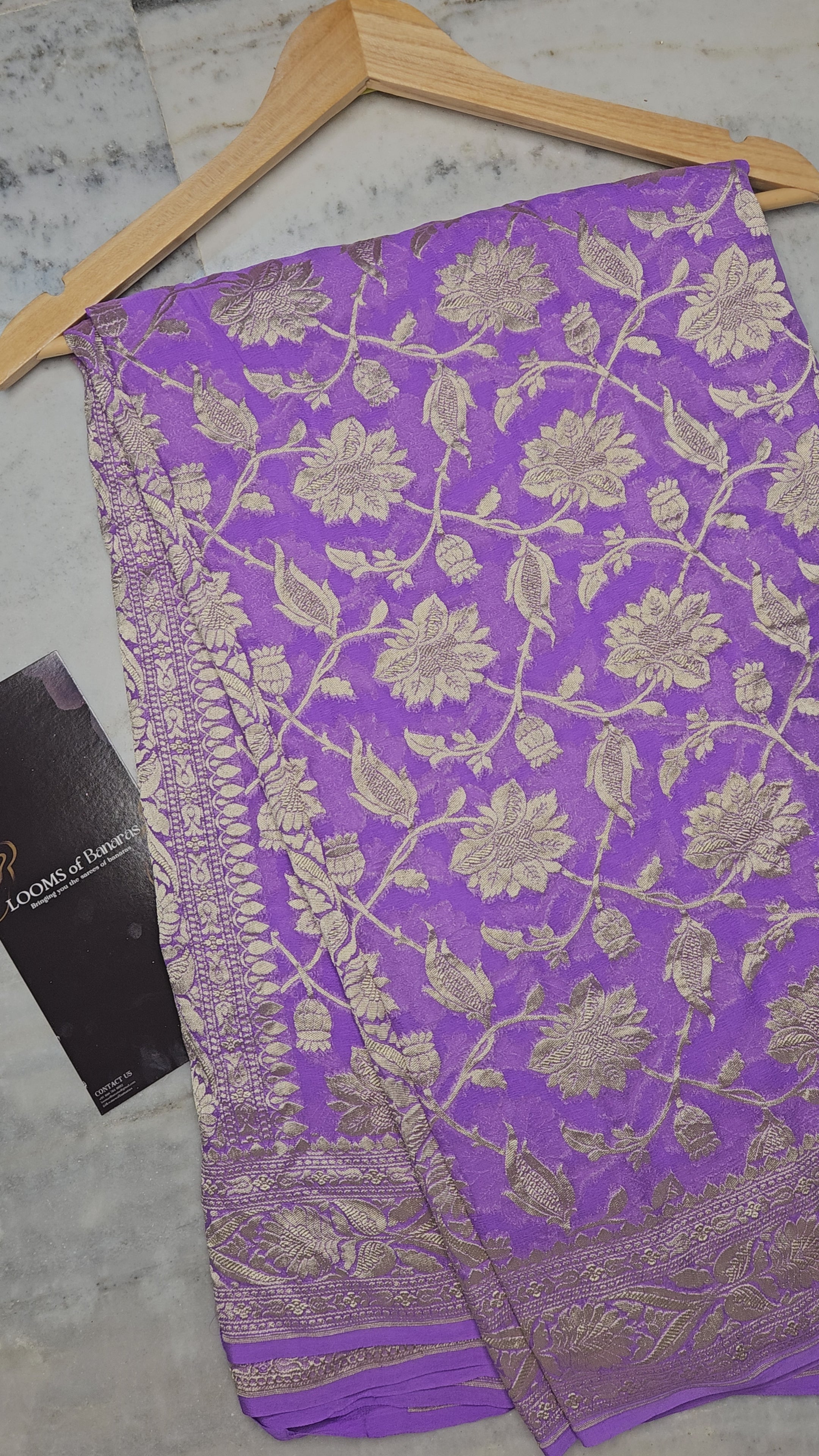 Pure Georgette Banarasi Saree weaving faux jaal watergold zari in Lavender