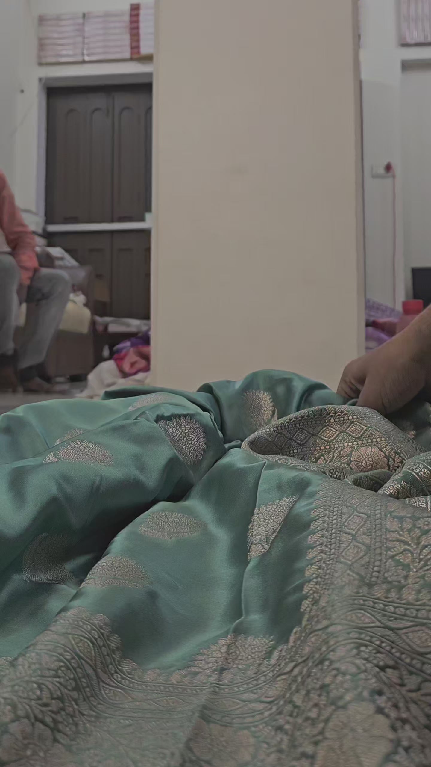 mashru banarasi woven saree in dusty seagreen