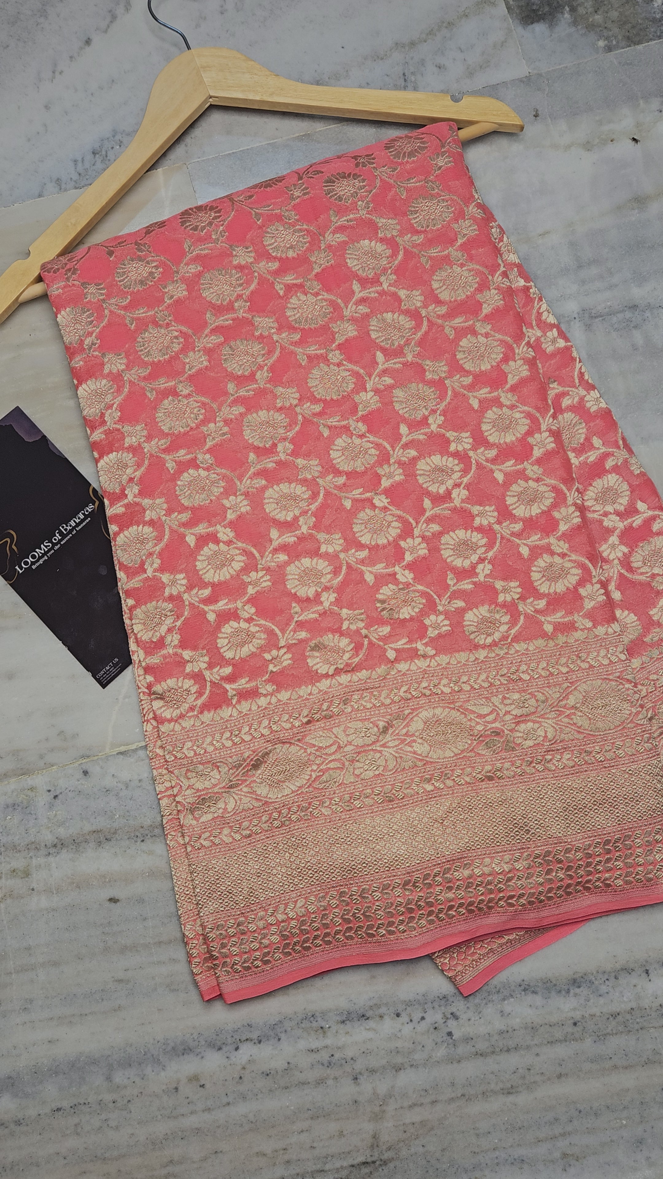 Peach Pure Georgette Banarasi Saree Jaal weaving faux watergold zari