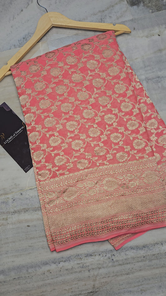 Peach Pure Georgette Banarasi Saree Jaal weaving faux watergold zari