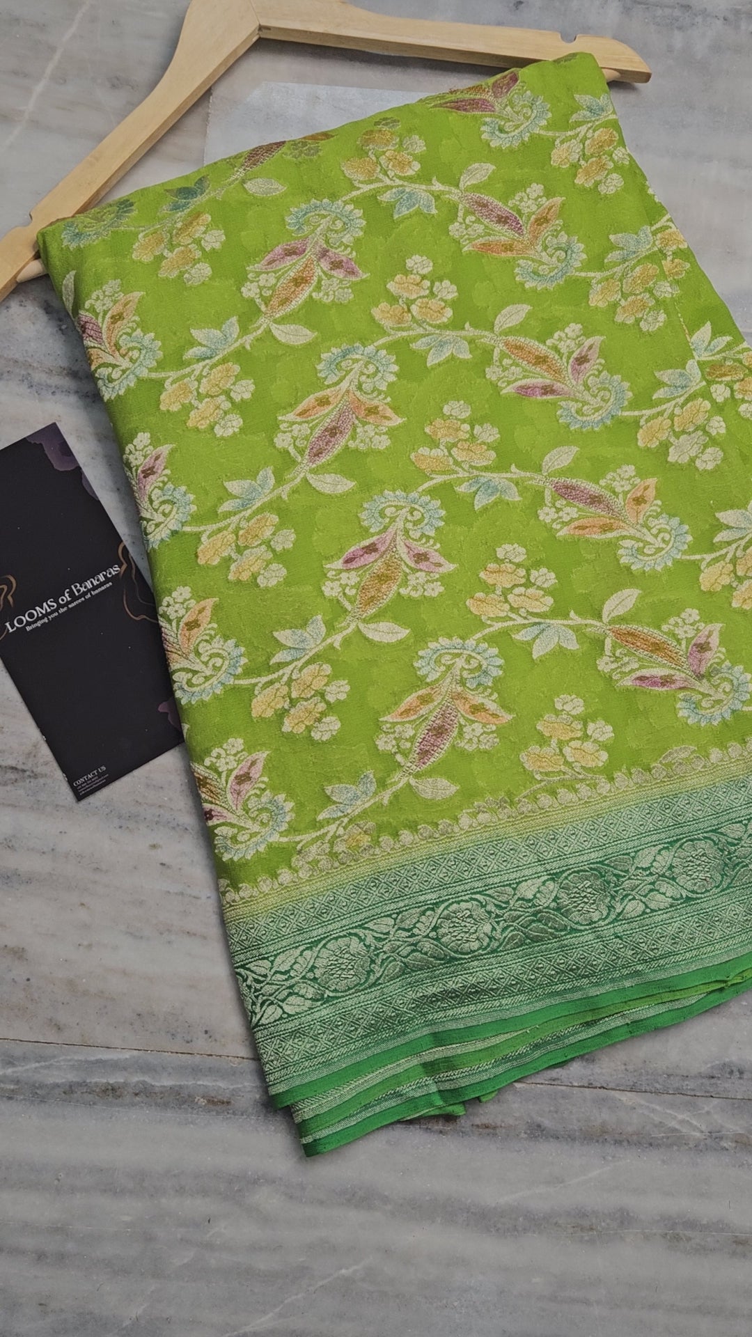 Pure Georgette Hand Brush Meena Work Banarasi Saree in Parrot Green