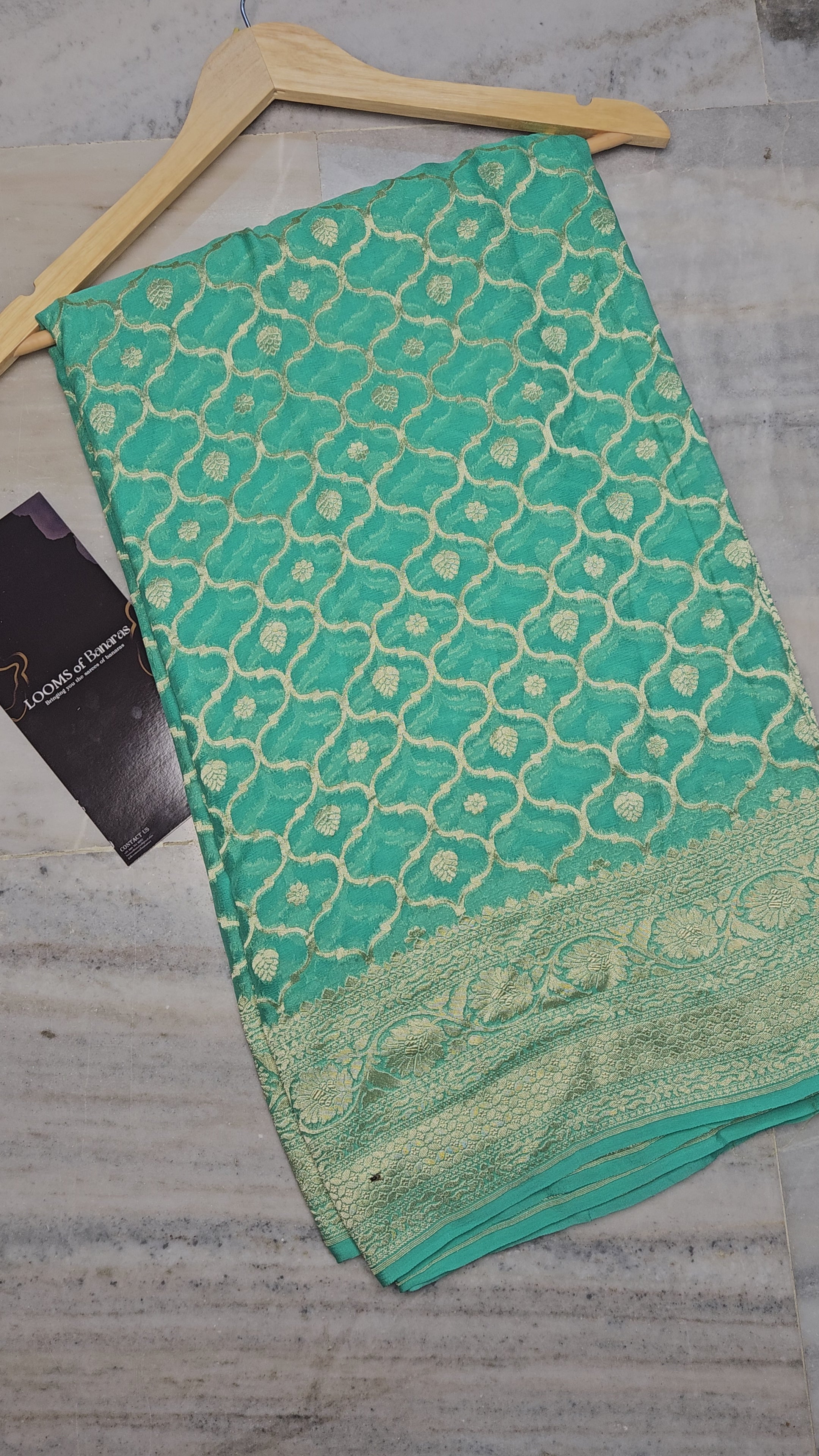 SeaGreen Pure Georgette Banarasi Saree Jaal weaving faux watergold zari