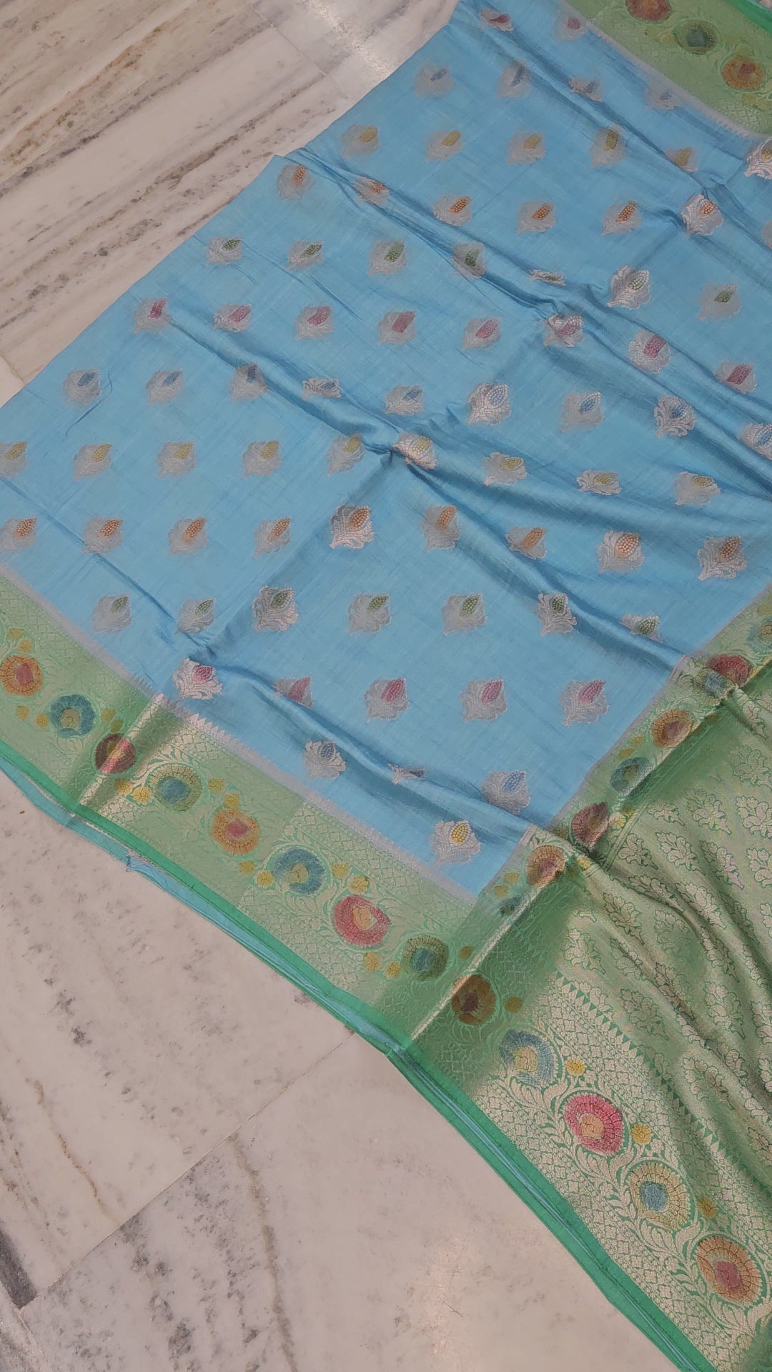 Pure Chiniya Silk Buta Handbrush Banarasi Saree in Sky Blue