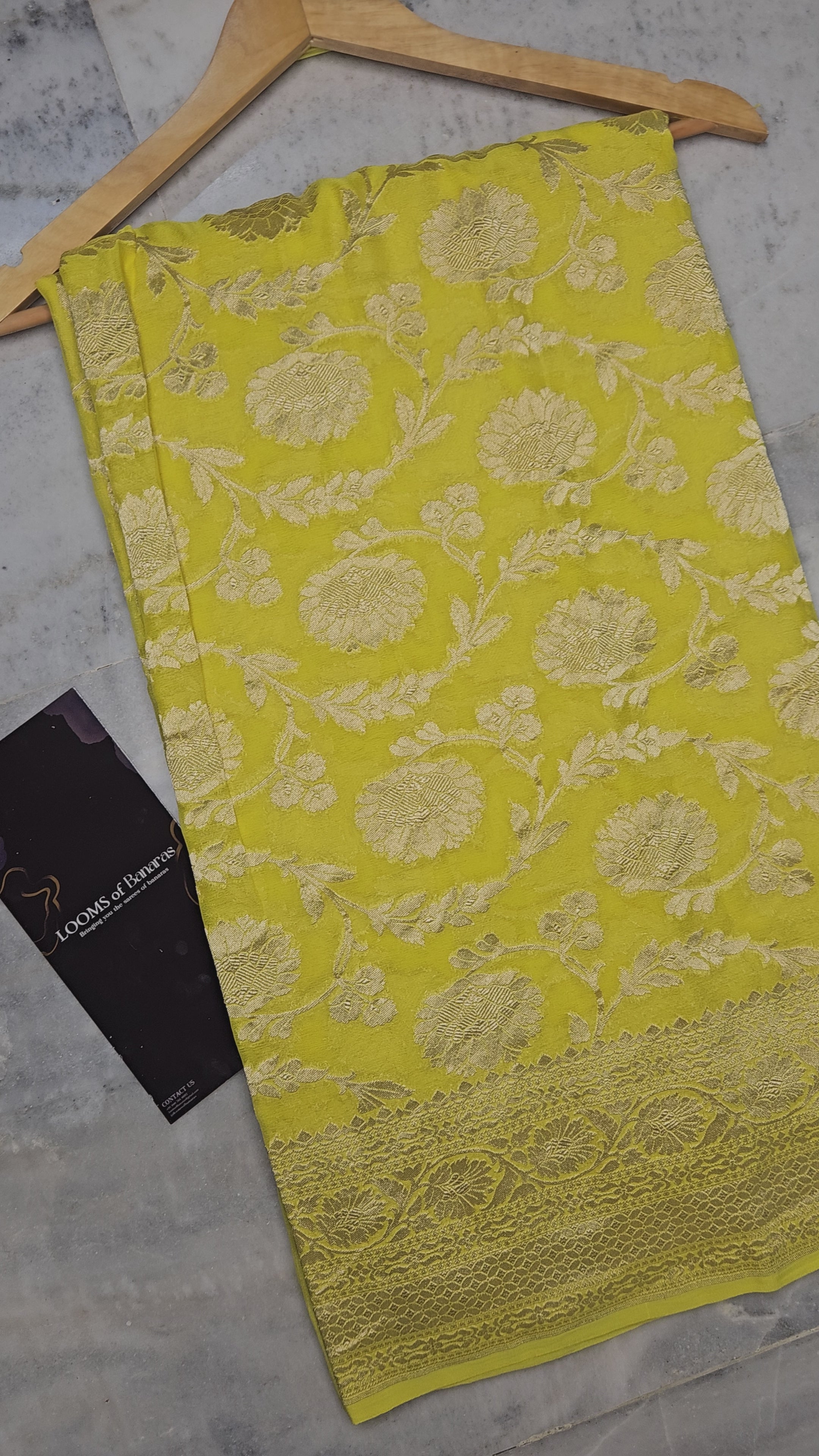 Yellow Pure Georgette Banarasi Saree Jaal weaving faux watergold zari