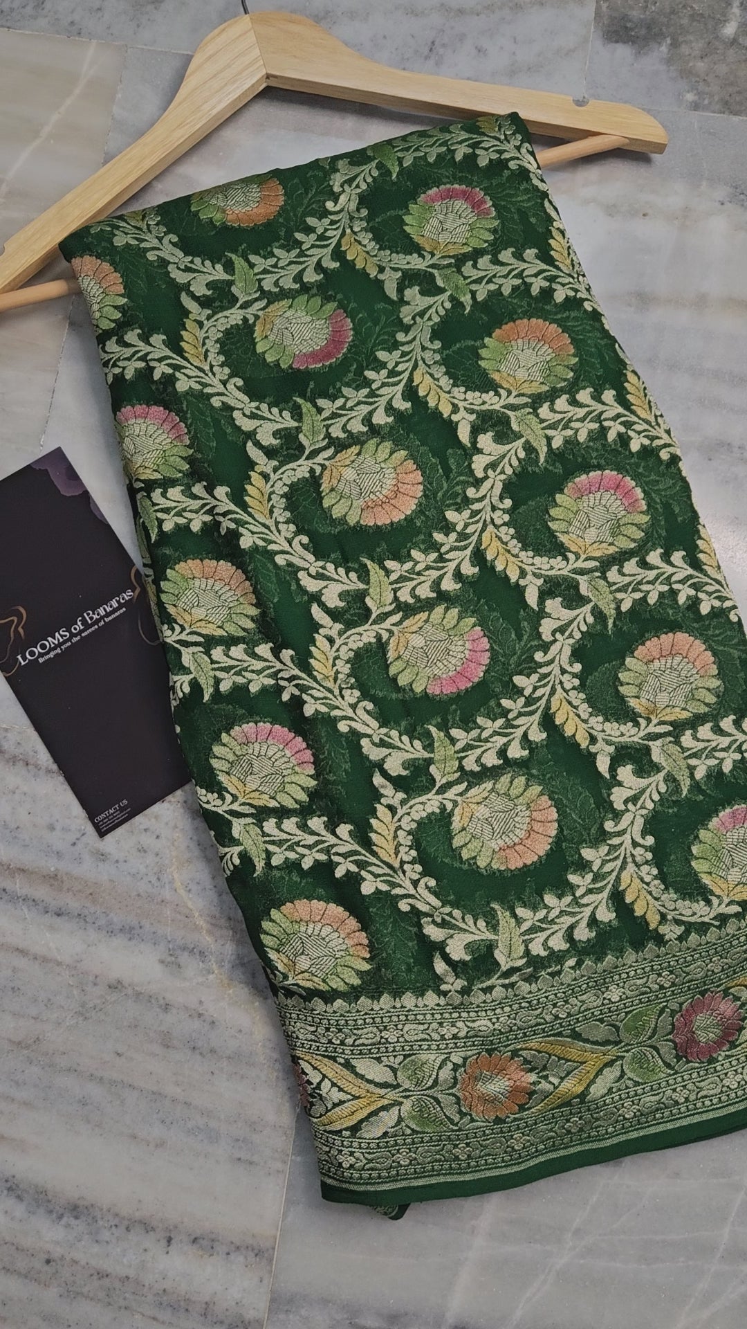 Pure Georgette Banarasi Saree Hand Brush Meena Floral Motifs Work in bottle green