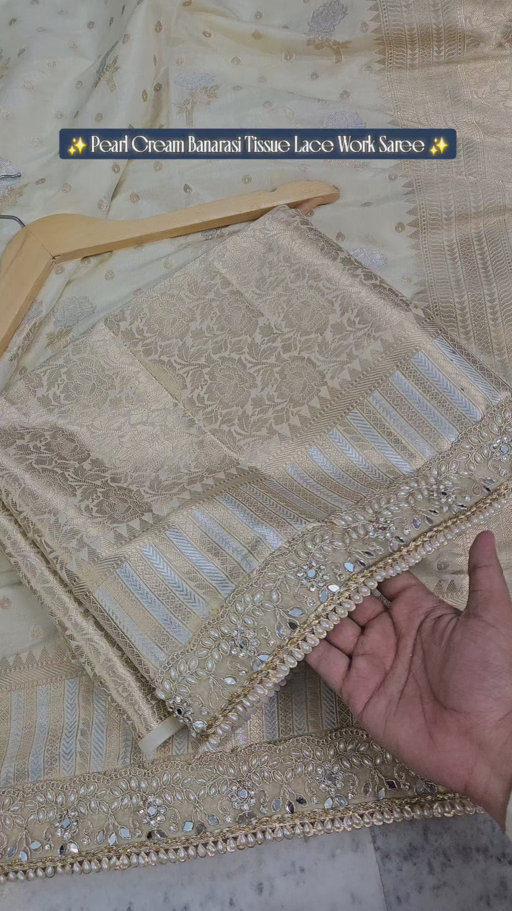 Rajkumari premium tissue faux mirror lace work Banarasi Saree ivory cream