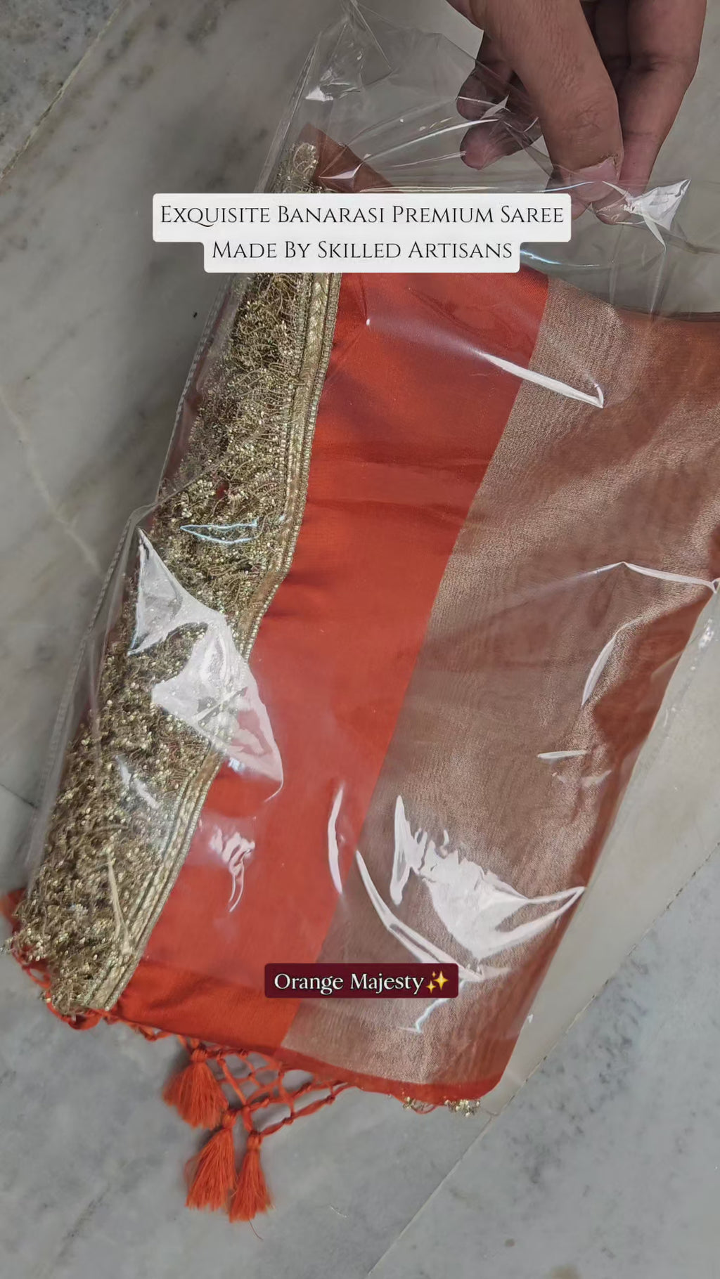 Rajgharana Orange premium faux tissue banarasi mirror lace work Banarasi Saree