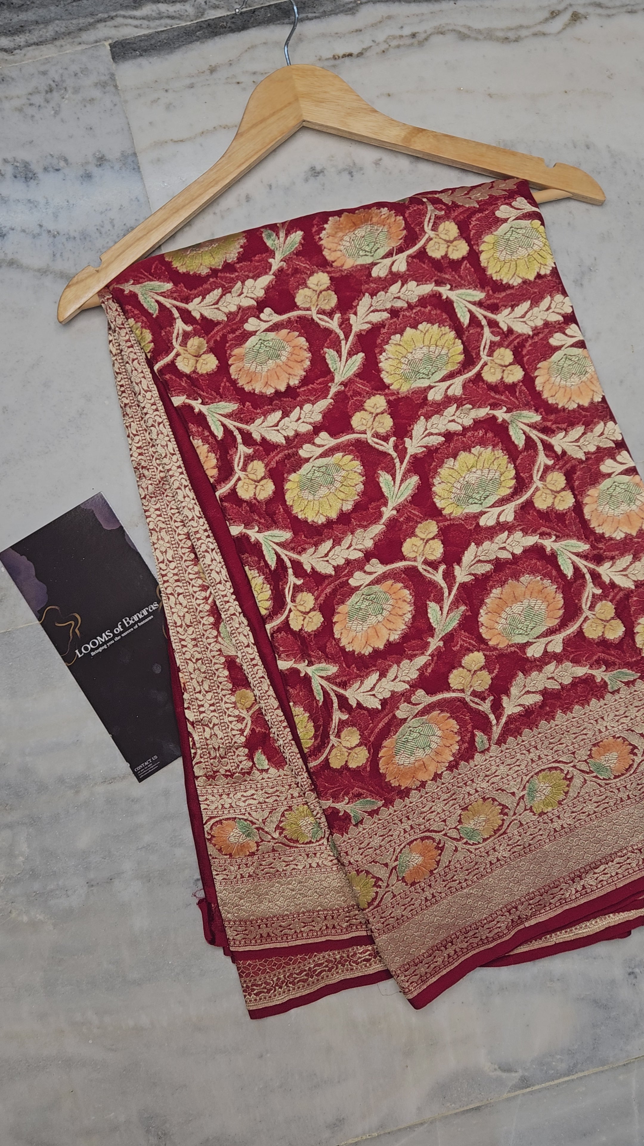 Pure Georgette Banarasi Saree Hand Brush Meena Floral Motifs Work in Finest Red