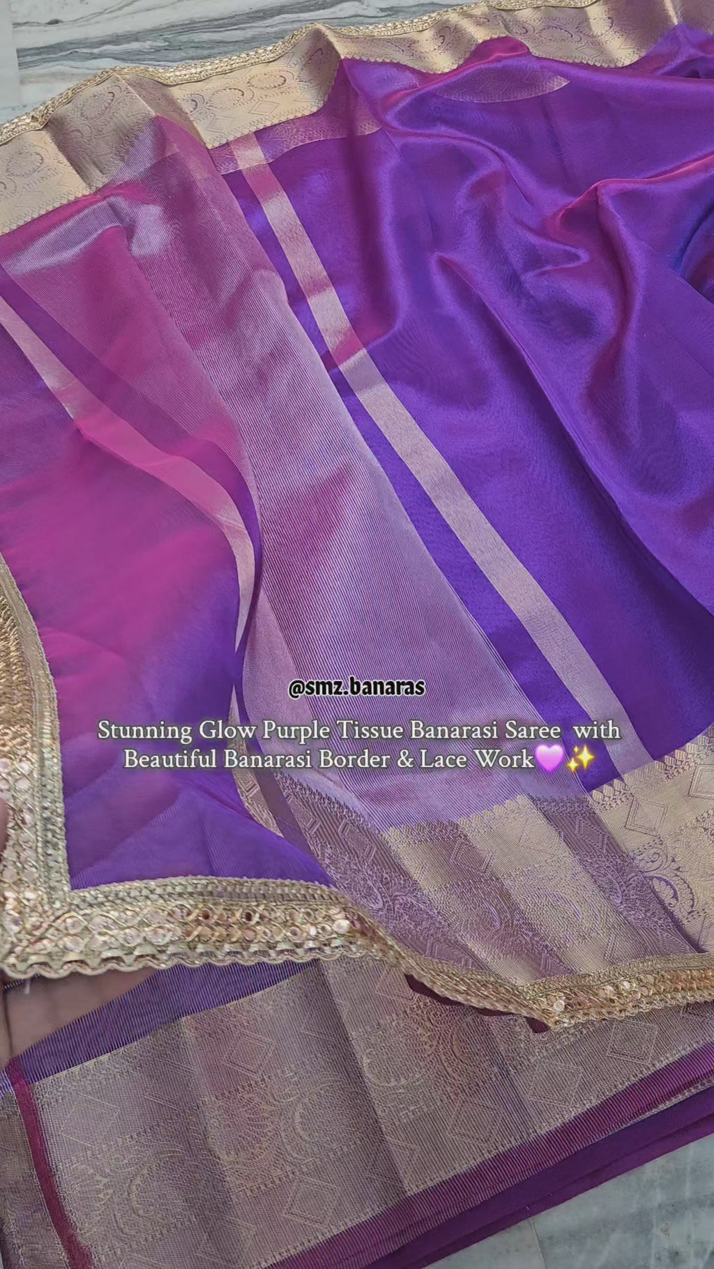 Glow Purple Riwaayat premium tissue faux mirror lace work Banarasi Saree