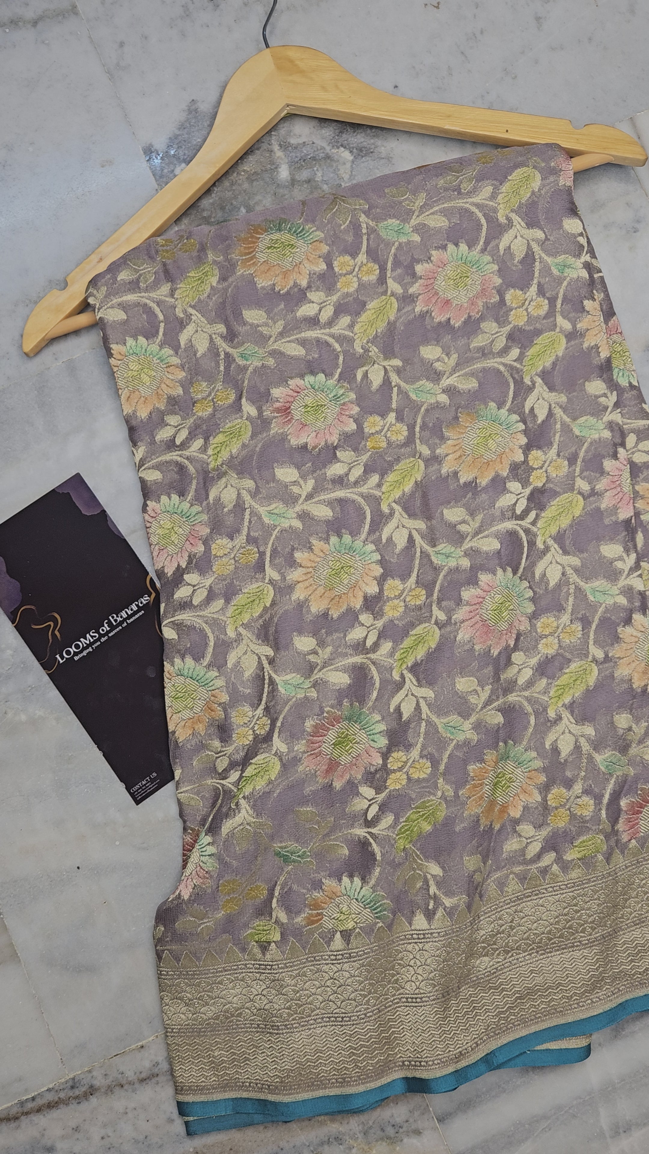 Pure Georgette Meena Hand Brush Work Banarasi Saree in Powder Grey