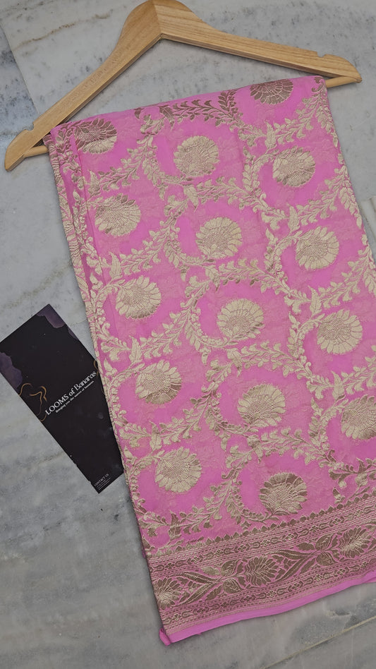 Pure Georgette Banarasi Saree weaving faux jaal watergold zari in pink