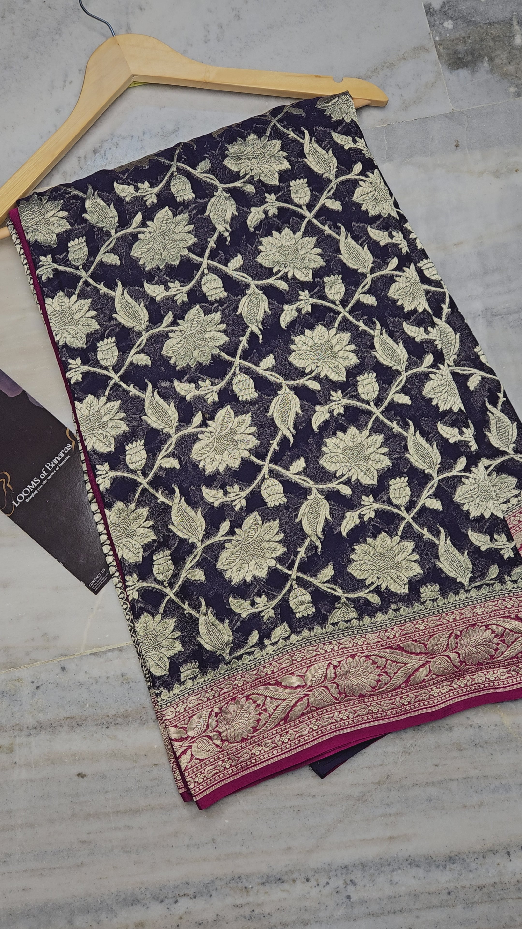 Pure Georgette Contrast Jungla Weaving Banarasi Saree in Navy Blue